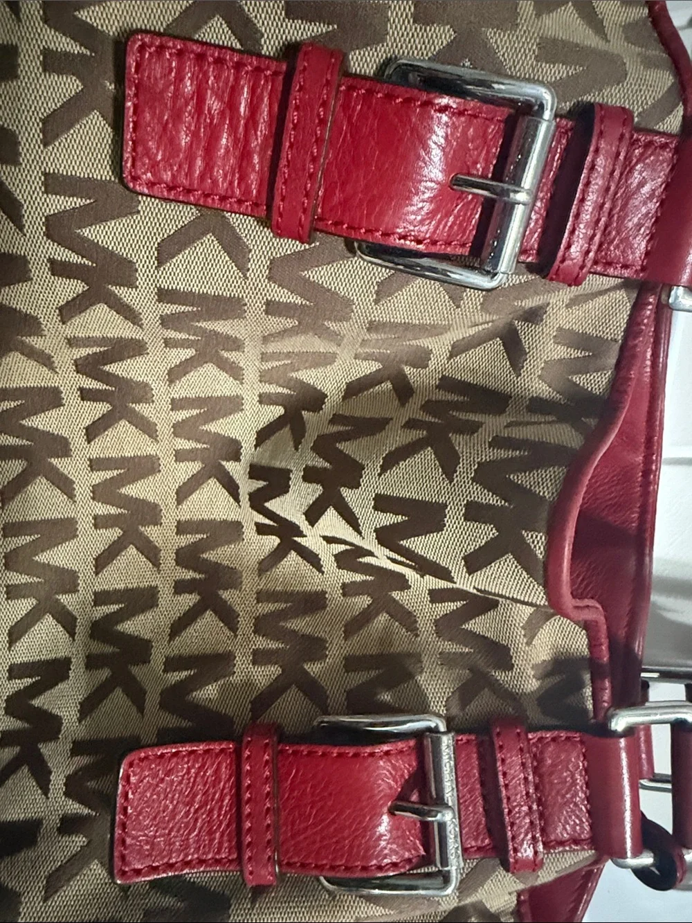 Michael Kors Brown Signature MK Tote with Red Trim